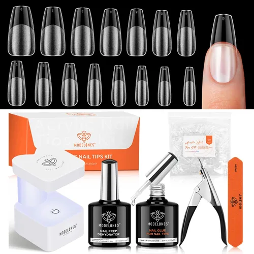 Miniatura 9 de Modelones 240 puntas de uñas de gel de almendra, uñas de gel suave de cobertura completa de grano 40 pregrabadas, medio mate, 15 tamaños, puntas