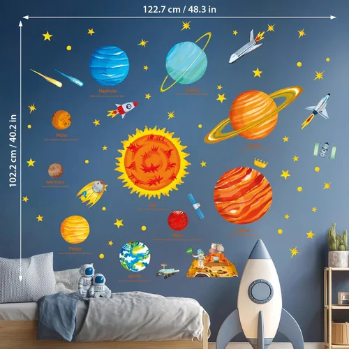 Miniatura 5 de DECOWALL Calcomanías de pared del sistema solar (grande) para guardería de niños, calcomanías de pared del espacio planetas, decoración educativa
