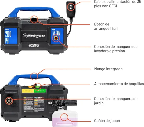 Miniatura 4 de Westinghouse ePX3100v - Lavadora a presión eléctrica, 2100 PSI máximo, 1.76 GPM máximo, asa de transporte incorporada, cañón de espuma desmontable