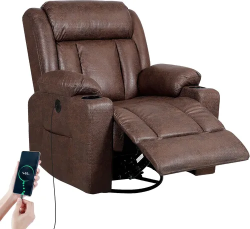 Miniatura 9 de LEVELEVE Silla reclinable mecedora, silla reclinable de masaje con masaje por vibración y calor, sillas giratorias de piel sintética de 360°, sala