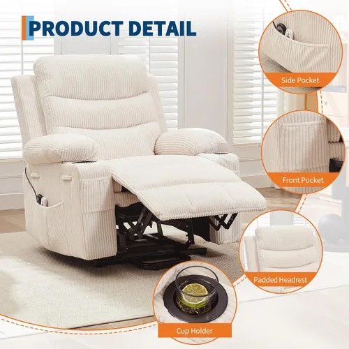 Miniatura 3 de Silla reclinable eléctrica para personas mayores con masaje y calor, reclinables eléctricos de gran tamaño, asiento de cine en casa con 2 portavasos