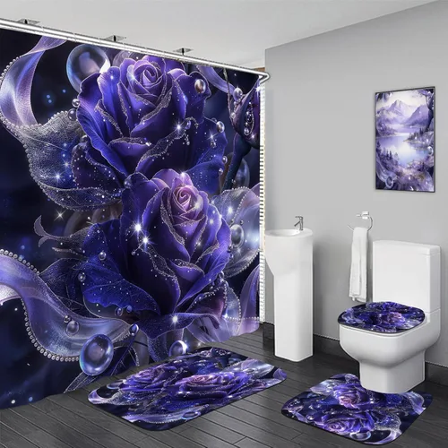 Yddsky Juego de 4 cortinas de ducha con rosas moradas, juego de baño negro con cortinas de baño modernas con tapa de inodoro para mujer, accesorios