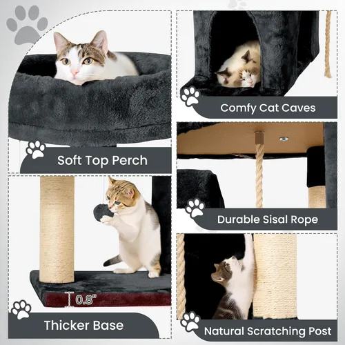 Miniatura 4 de Torre de 58.5 pulgadas para gatos de interior, casa de gato de felpa suave de varios niveles con 1 cueva giratoria de 360°, poste rascador, más Gris