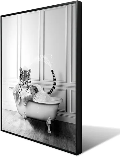 XMJJQQ Arte enmarcado divertido lienzo de tigre para baño, bonito póster de baño en blanco y negro, estampado de tigre animal en el baño, decoración