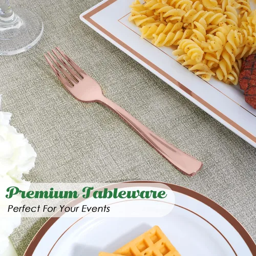 Miniatura 4 de FOCUSLINE Paquete de 300 tenedores desechables de plástico color oro rosa, tenedores de plástico sólido y duradero, cubiertos desechables