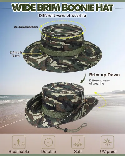 Miniatura 2 de Coume 6 sombreros de safari Boonie a granel de ala ancha para hombres y mujeres, gorra de camuflaje Boonie para safari militar senderismo