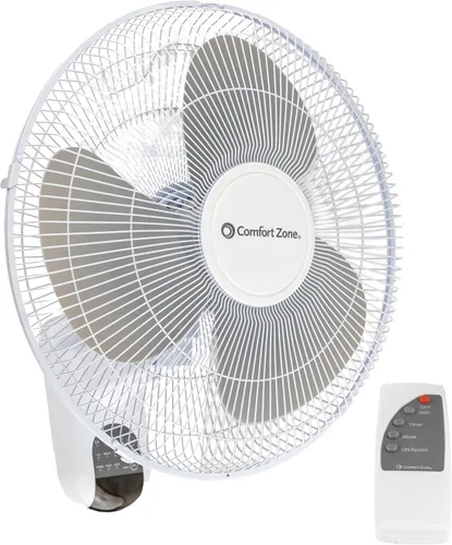 Comfort Zone Ventilador de montaje en pared de 16 pulgadas con control remoto, funcionamiento silencioso de 3 velocidades, temporizador, inclinación