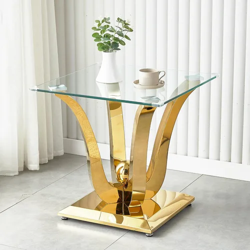 Mesa auxiliar de cristal dorado, mesa auxiliar de lujo con base de acero inoxidable con acabado espejo y parte superior de vidrio templado, mesa