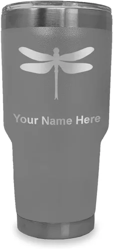 Miniatura 37 de LaserGram Vaso aislado al vacío de 20 onzas, libélula, grabado personalizado incluido (negro)