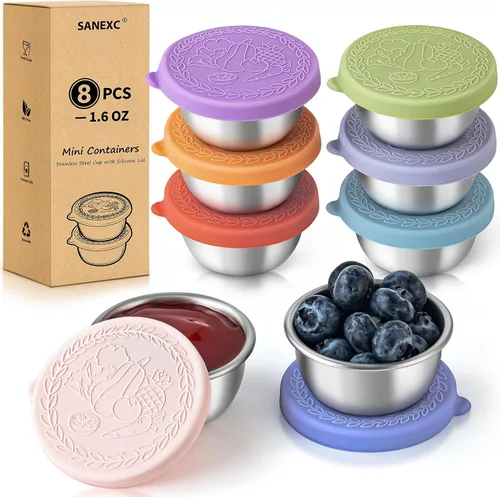 SANEXC Paquete de 8 - Recipientes pequeños de 1.6 oz para aderezo de ensalada para llevar, recipientes de condimentos a prueba de fugas con tapas,
