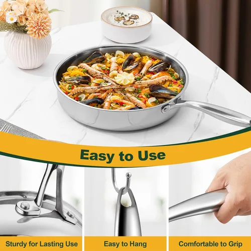 Miniatura 7 de P&P CHEF Sartén de acero inoxidable de 12 pulgadas, sartén de acero inoxidable de 3 capas, sartén de inducción, horno y todas las estufas, segura