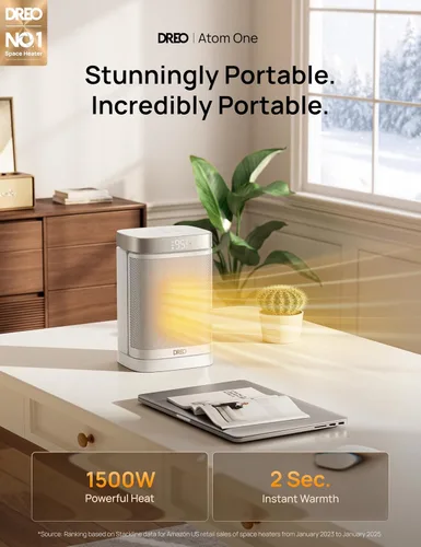 Miniatura 2 de DREO Atom One - Calentador de espacio con control remoto, calentadores eléctricos oscilantes de 70° con termostato digital, calentador de cerámica