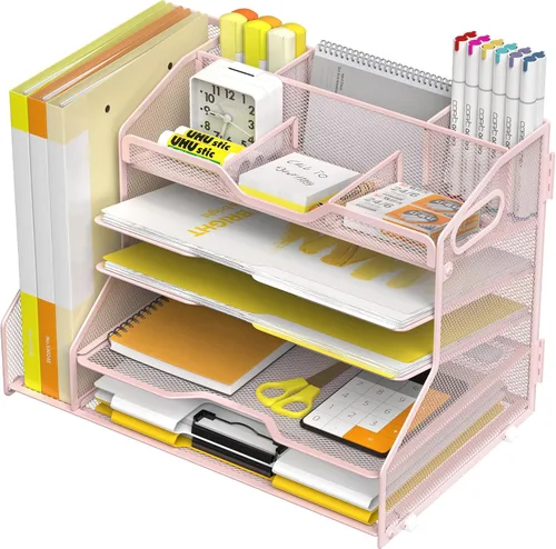 Miniatura 13 de YINGHUA Bandeja organizadora de cartas de papel de 5 niveles con 6 compartimentos ajustables superiores y soporte para archivos, clasificador de 5
