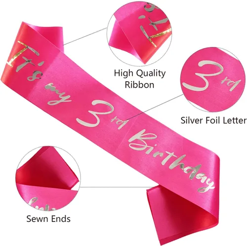 Miniatura 2 de Banda de 3er cumpleaños para niña pequeña, banda de tercer cumpleaños para niñas, banda suave de satén rosa intenso con letra de papel de aluminio