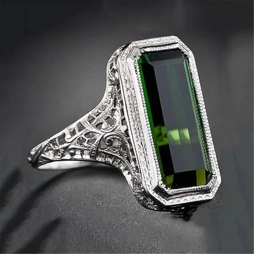 Miniatura 7 de ChenFeng Anillo de plata 925 hecho a mano con corte baguette con piedra esmeralda verde simulada para hombre y mujer (9)