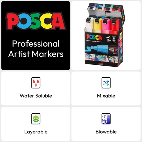 Miniatura 4 de Auténtico juego de marcadores posca con 8 marcadores posca de grado profesional con puntas de cincel anchas de 8K