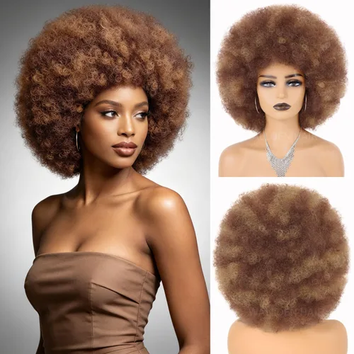 Miniatura 10 de Pelucas afro de los años 70 para mujeres negras, sin pegamento, peluca rizada afro soplada, resistente al calor, pelucas sintéticas para uso diario