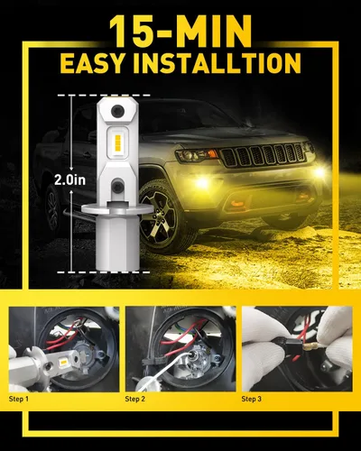Miniatura 4 de AUXITO Bombillas LED antiniebla H3 3000K amarillas, súper penetración, tamaño 1:1 mini, plug n play, bombilla LED H3ll para lámpara antiniebla, DRL