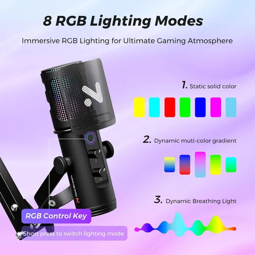 Miniatura 4 de NearStream Micrófono RGB para juegos para PC con cancelación de ruido/monitor/silencio/ganancia/filtro pop extraíble, micrófono de condensador USB