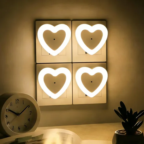 Luces nocturnas LED enchufables (paquete de 4), sensor de atardecer a amanecer de encendido/apagado automático, luz nocturna en forma de corazón de