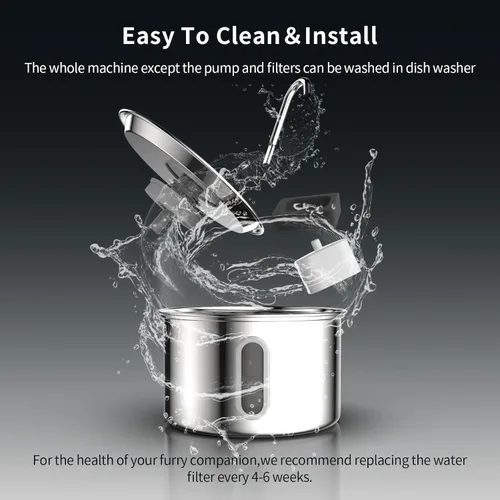 Miniatura 5 de Fuente de agua para gatos de acero inoxidable, con cable, fuente de agua para mascotas de 3 L/101 onzas, bebedero para perros con bomba silenciosa