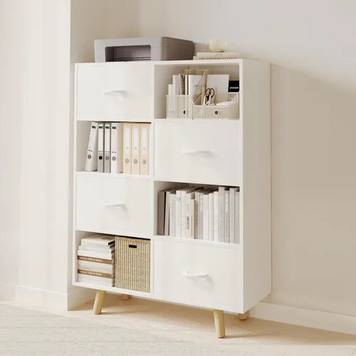 Miniatura 11 de Estantería con contenedores de almacenamiento de tela, organizador de 4 cubos para oficina en casa, nogal