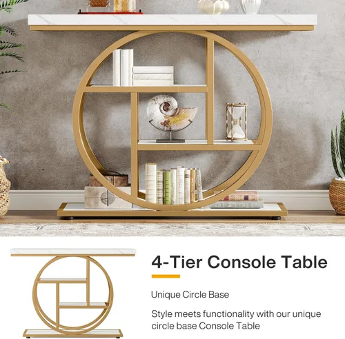 Miniatura 7 de Tribesigns Mesa de Consola de 41.3 pulgadas, Mesa Industrial de 4 Niveles para Sofá de Entrada con Base Circular, Mesas Decorativas de Madera Oro