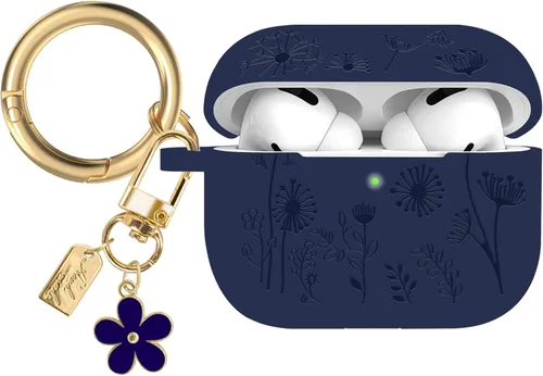 Miniatura 10 de Funda con grabado de flores compatible con AirPods Pro 2 2022, funda de silicona para AirPods Pro de 2ª/1ª generación con bonito llavero de flores