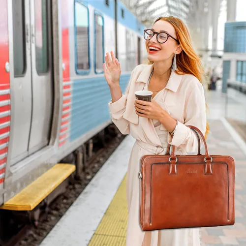 Miniatura 8 de Banuce Maletín de cuero italiano de grano completo genuino vintage para mujeres 14 pulgadas portátil bolsa de trabajo elegante de negocios marrón