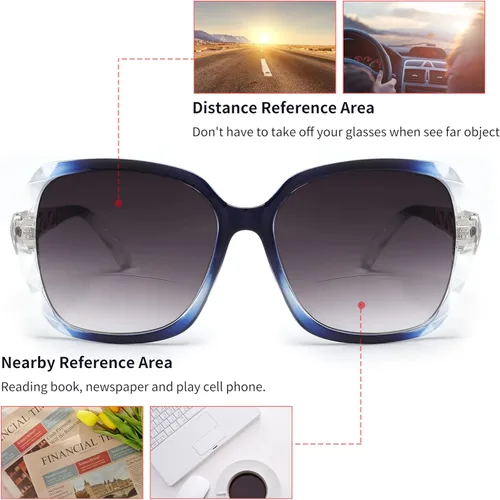 Miniatura 2 de JM Gafas de Sol Bifocales para Lectura de Mujeres, Moda, Gafas de Sol Cuadradas Grandes para Exterior, Gafas de Lectura UV400, Protección, Azul Azul