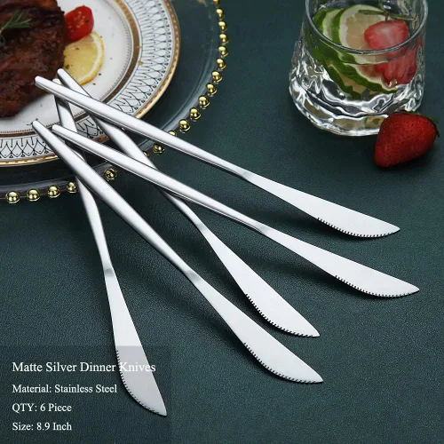 Miniatura 2 de HOMQUEN Cuchillos de cena, 6 piezas, cuchillo de cena de plata mate de acero inoxidable, cuchillo de mantequilla resistente, cuchillos