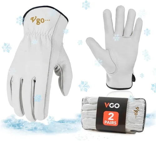 Vgo... 2 pares de guantes de trabajo y conductor de cuero de vaca de invierno con forro de 32 ℉ o superior (talla XL, crema, CA9501F)