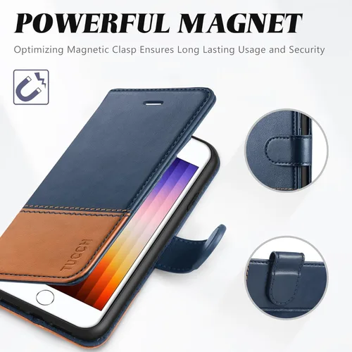 Miniatura 7 de TUCCH Funda tipo cartera para iPhone SE 2022/SE 2020/iPhone 8/7, de piel sintética de alta calidad con soporte, ranura para tarjetas, cierre Azul