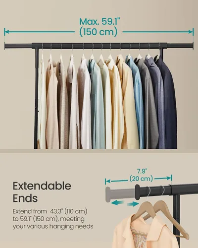Miniatura 4 de SONGMICS Perchero con ruedas, estante de ropa resistente con varilla colgante extensible, capacidad de carga de 286.6 lb, 17.7 x (43.3-59.1) x 64.1