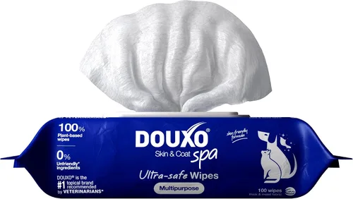 DOUXO® Skin & Coat SPA - Toallitas Multiusos Ultra Seguras para Perros y Gatos, 100 Toallitas, Elimina Suavemente Manchas de Lágrimas y Saliva, Deja