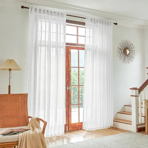 Miniatura 16 de Cortinas de lino transparente color crema de 96 pulgadas de largo para sala de estar, 2 paneles con bolsillo con pestaña trasera, suaves, naturales