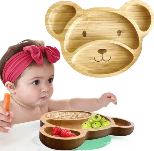 Miniatura 8 de Platos de bambú para niños - Platos para bebés y niños pequeños con succión para alimentación y destete, diseño de oso ecológico que promueve