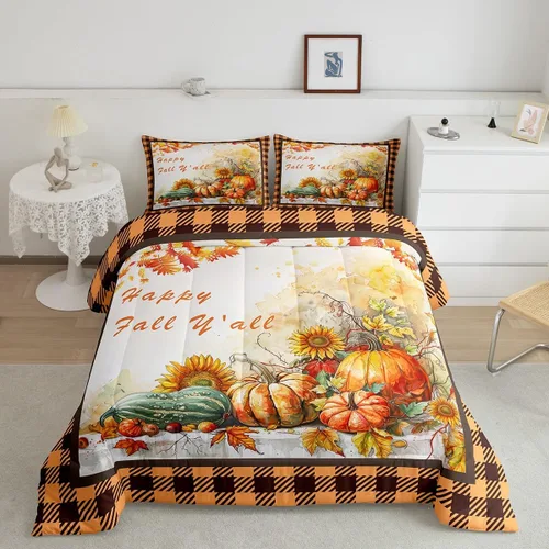 Miniatura 24 de Castle Fairy Juego de edredón de otoño con temática de Acción de Gracias, tamaño individual, juego de ropa de cama de calabaza, girasol, pavo