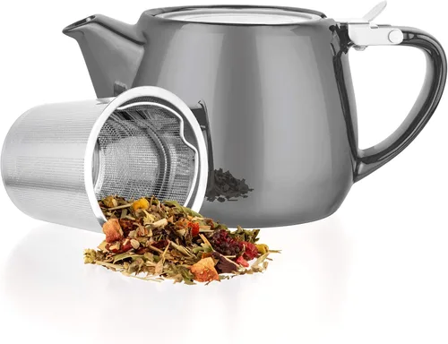 Tealyra - Tetera pequeña de porcelana Pluto gris - 540ml (1-2 tazas) - Acabado único - Tapa de acero inoxidable e infusor extra fino para preparar