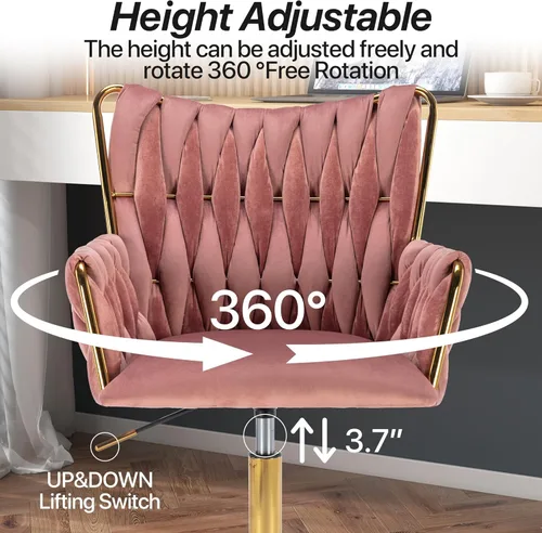 Miniatura 4 de KCC Silla Moderna de Terciopelo para Oficina en Casa con Respaldo Tejido a Mano, Silla Tapizada Ajustable para Maquillaje con Reposabrazos y Base