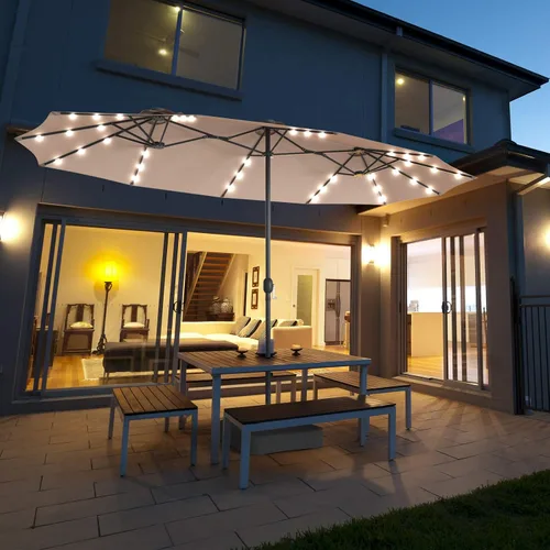 Miniatura 2 de Tangkula Sombrilla solar de patio de 15 pies con base, sombrilla individual extragrande de doble cara para exteriores con 36 luces LED y manivela