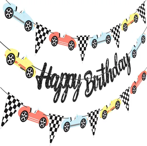 Pancartas vintage de cumpleaños de coches de carreras, decoraciones de fiesta temática de autos de carreras con purpurina, carteles de feliz