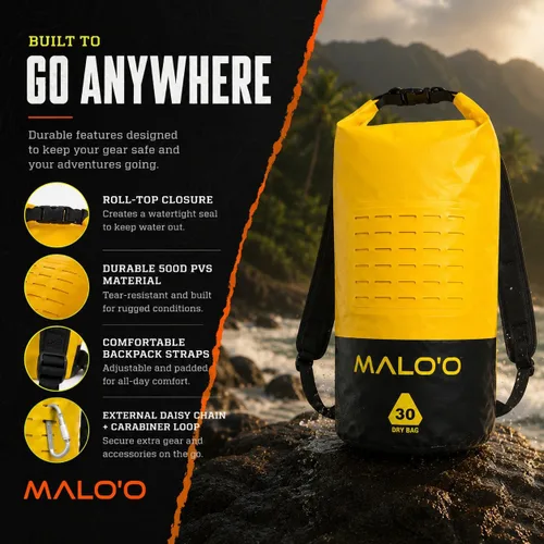 Miniatura 4 de Malo’o Mochila de Bolsillo de 30L de Alta Resistencia 100% Impermeable con Tapa Enrollable – Mantiene el Equipo Seco para Pesca, Rafting, Kayak