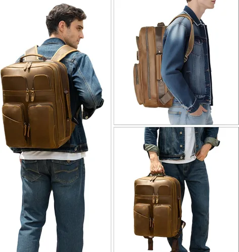 Miniatura 6 de TIDING Mochila para portátil de cuero de grano completo de 17.3 pulgadas para hombres, multibolsillos, casual, mochila de viaje de negocios, Marrón