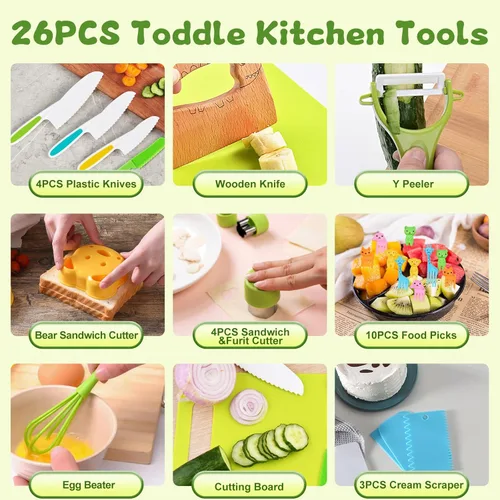 Miniatura 6 de Hilsoeet 26 piezas cuchillos para niños para cocinar de verdad, juego de cuchillos de cocina de madera para niños incluye 4 cuchillos de plástico