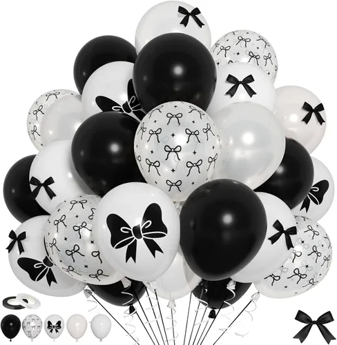 Globos de lazo, 60 globos de lazos negros, globos de látex de 12 pulgadas con lazo blanco y negro impreso con bonitos lazos para mujeres y niñas,