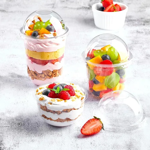 Miniatura 5 de Zezzxu Paquete de 50 Vasos de Postre de Plástico de 16 oz con Tapas de Cúpula (Sin Agujero) y Sporks, Vasos de Frutas Desechables Transparentes
