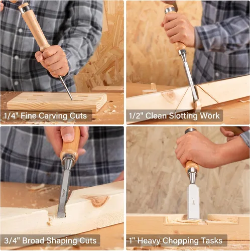 Miniatura 7 de HAUTMEC Juego de cinceles de madera largos para carpintería, cinceles de madera profesionales de 4 piezas con cuchillas de acero 60CR-V y asas