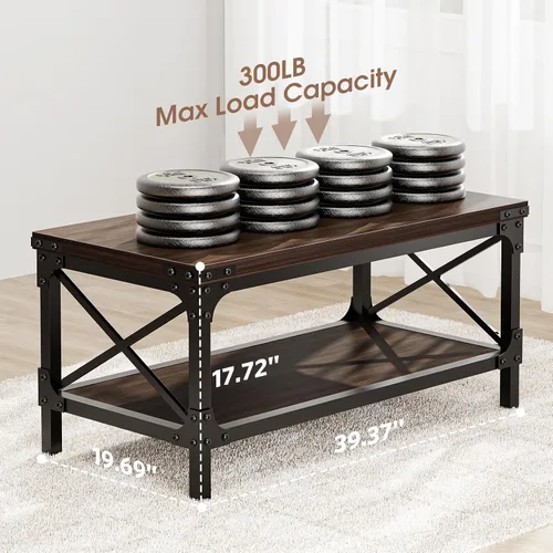 Miniatura 2 de Mesa de café rectangular para sala de estar, mesa de café rectangular de madera, mesa central moderna de 2 niveles de color marrón oscuro con Nogal