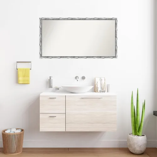 Miniatura 4 de Amanti Art Espejo de baño plateado para sobre el fregadero, 22 x 42 pulgadas, espejo rectangular cromado con ondas rayadas, marco grande de madera
